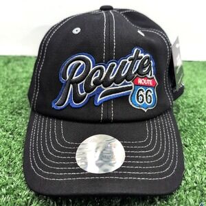 Route 66 Stitched Hat Adult Strap Back Black Blue Logo Adjustable Outdoors - New